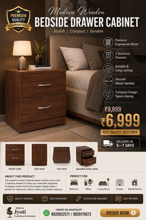 Modern Wooden Bedside Drawer Cabinet | Premium Walnut Finish Side Table - Premium Furniture