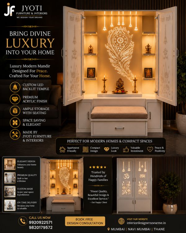 Luxury LED Backlit Home Mandir with Storage &amp; Seating | Modern Acrylic Temple Design - Premium Furniture